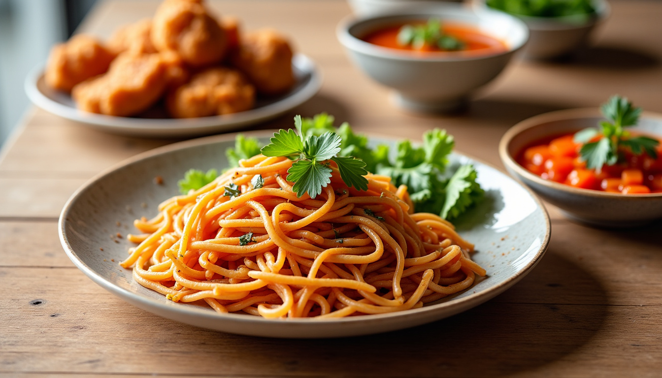 Assiette de Pad Thaï, bol de Tom Yum et morceaux de Crispy Chicken présentés sur une table en bois clair