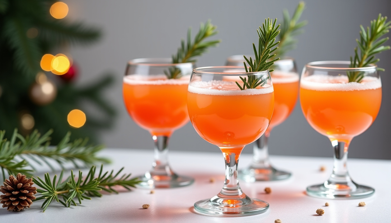 Assortiment de cocktails de Noël pétillants servis dans des flûtes, décorés avec des baies et du romarin