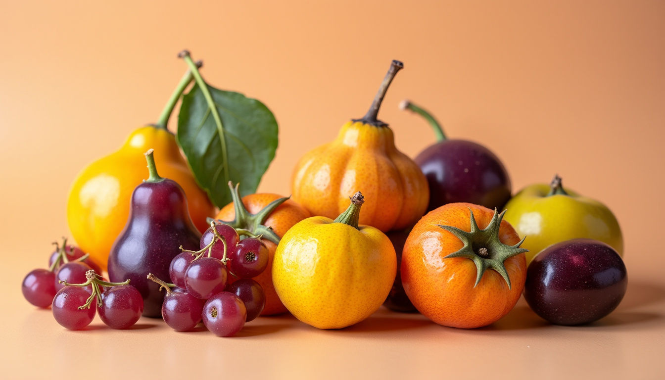 Assortiment de différentes variétés de fruits de la passion: violet, jaune, grenadille douce et grenadille géante