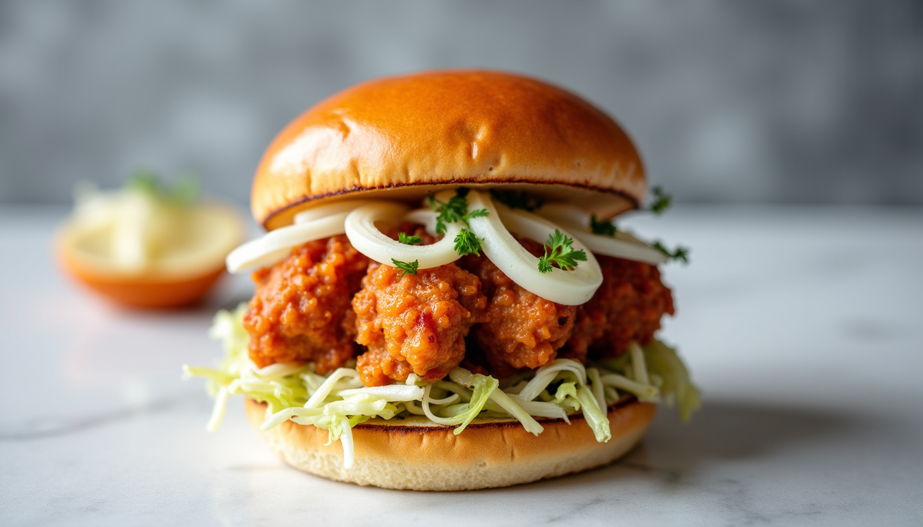 Bao burger au poulet mariné avec coleslaw maison et sauce lait de coco-basilic