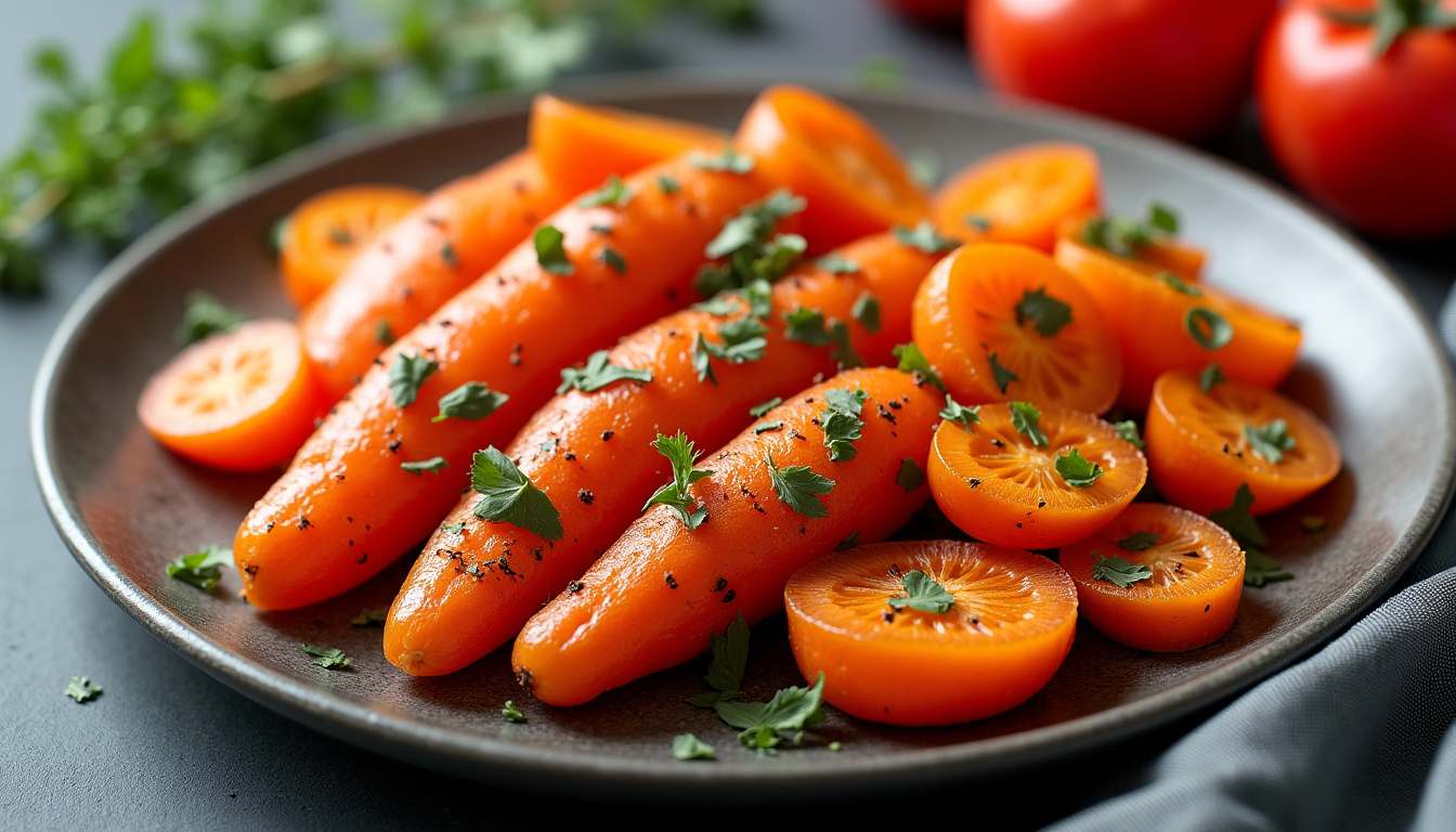 Carottes et panais rôtis sur une plaque de four avec des herbes et de l
