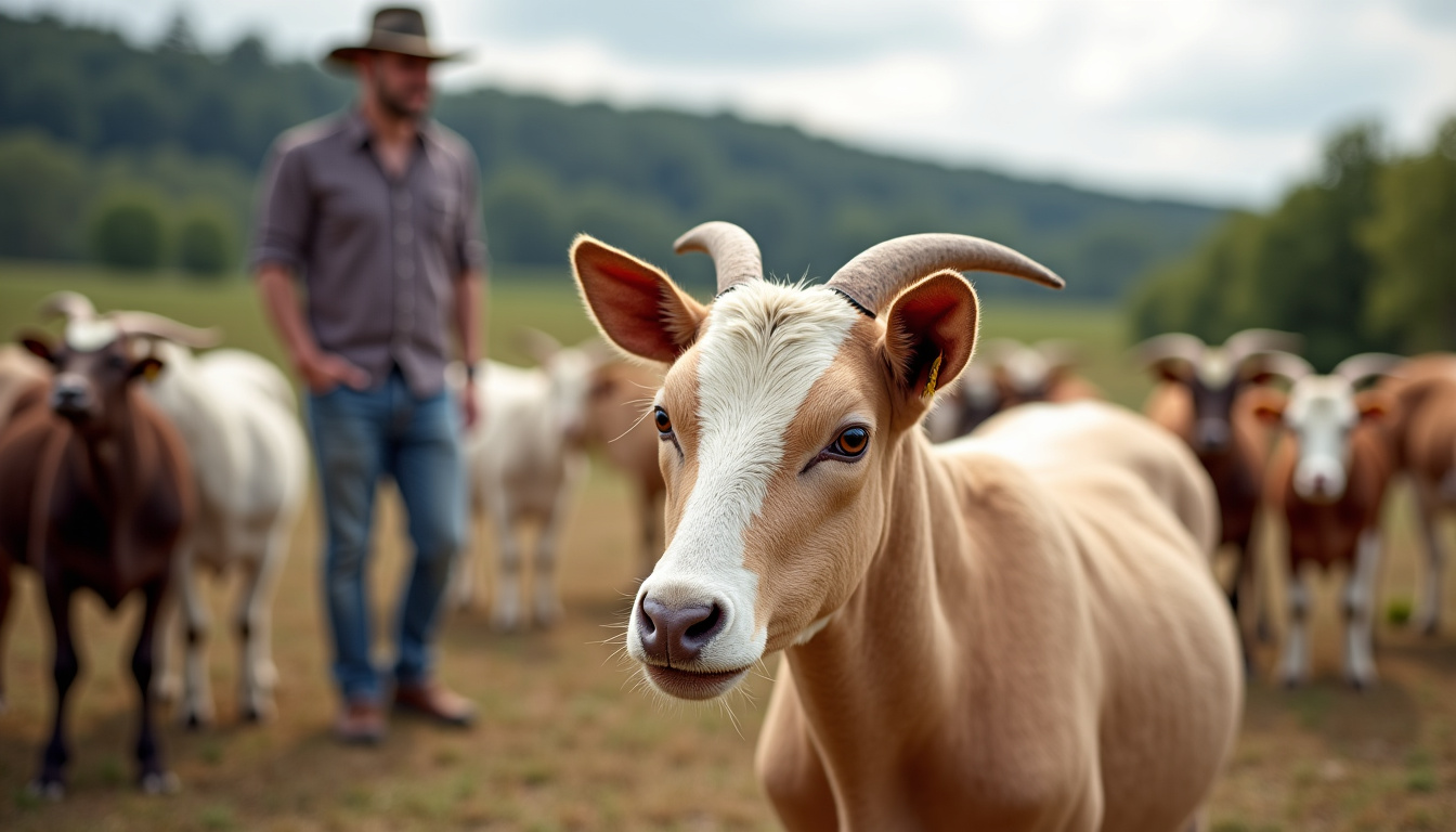 Chevrier surveillant son troupeau de chèvres en pâturage dans un paysage rural
