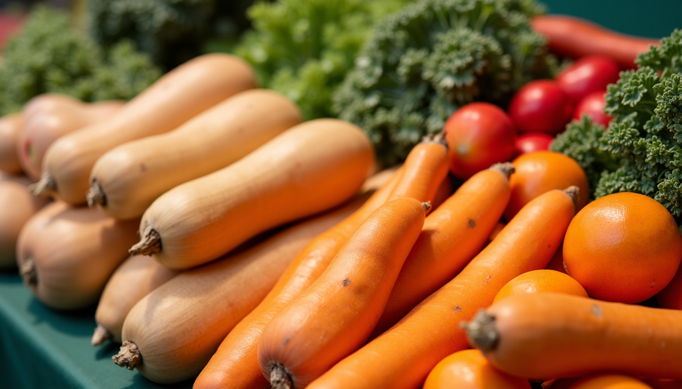 Étal de marché avec divers légumes anciens comme le panais, le topinambour et le rutabaga