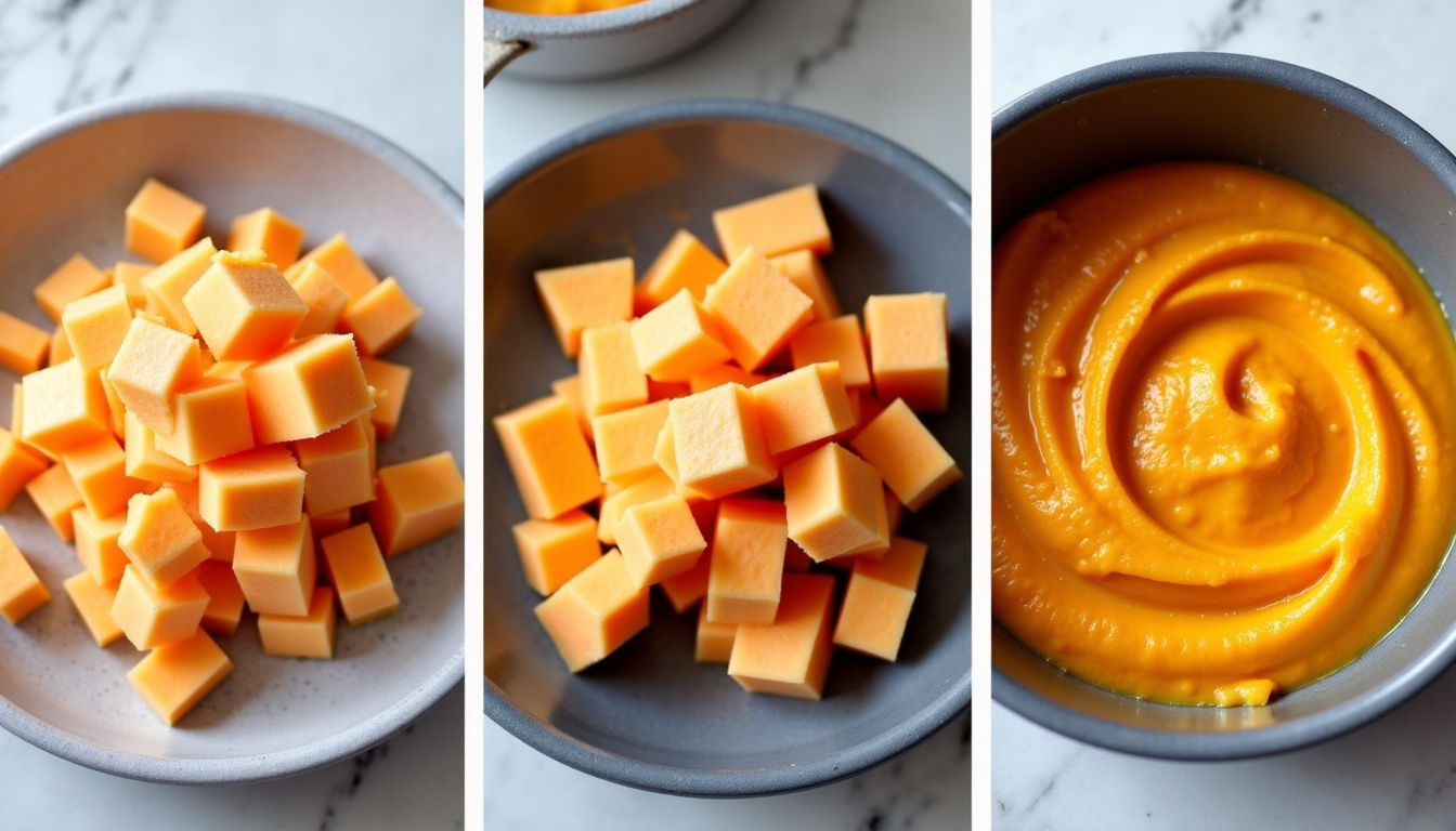 Étapes de cuisson du rutabaga: râpé cru, en dés pour la cuisson, et en purée terminée