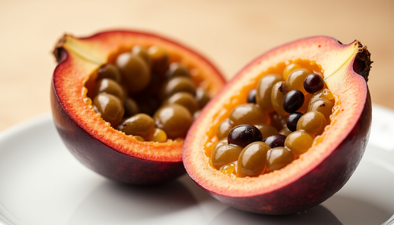Fruit de la passion coupé en deux, révélant sa pulpe gélatineuse et ses graines noires