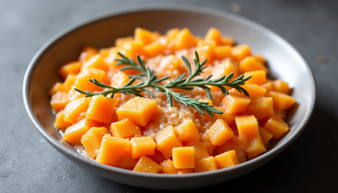 Gratin de courge butternut au parmesan dans un plat en terre cuite, légèrement doré au four