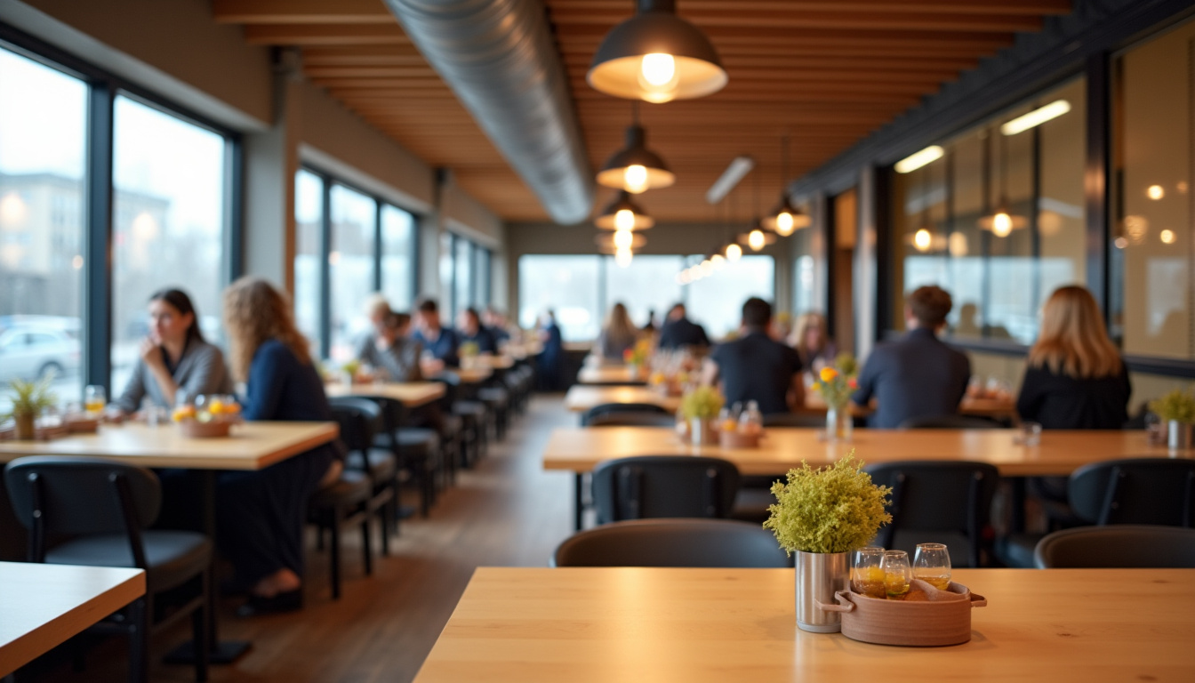 Intérieur du restaurant suédois IKEA avec tables en bois, panier de boulettes et clients en train de manger