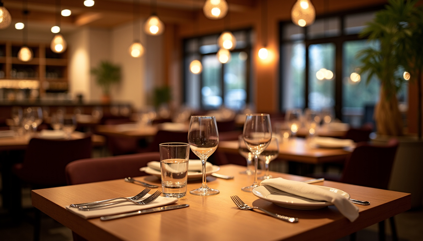 Intérieur soigné et chaleureux d’un restaurant Maria avec tables en bois, lumières tamisées et décoration italienne