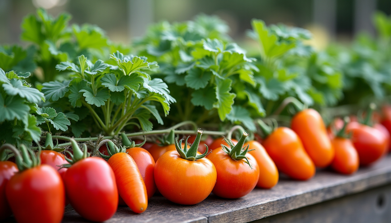 Jardin potager avec des rangées de légumes anciens comme le panais et le topinambour