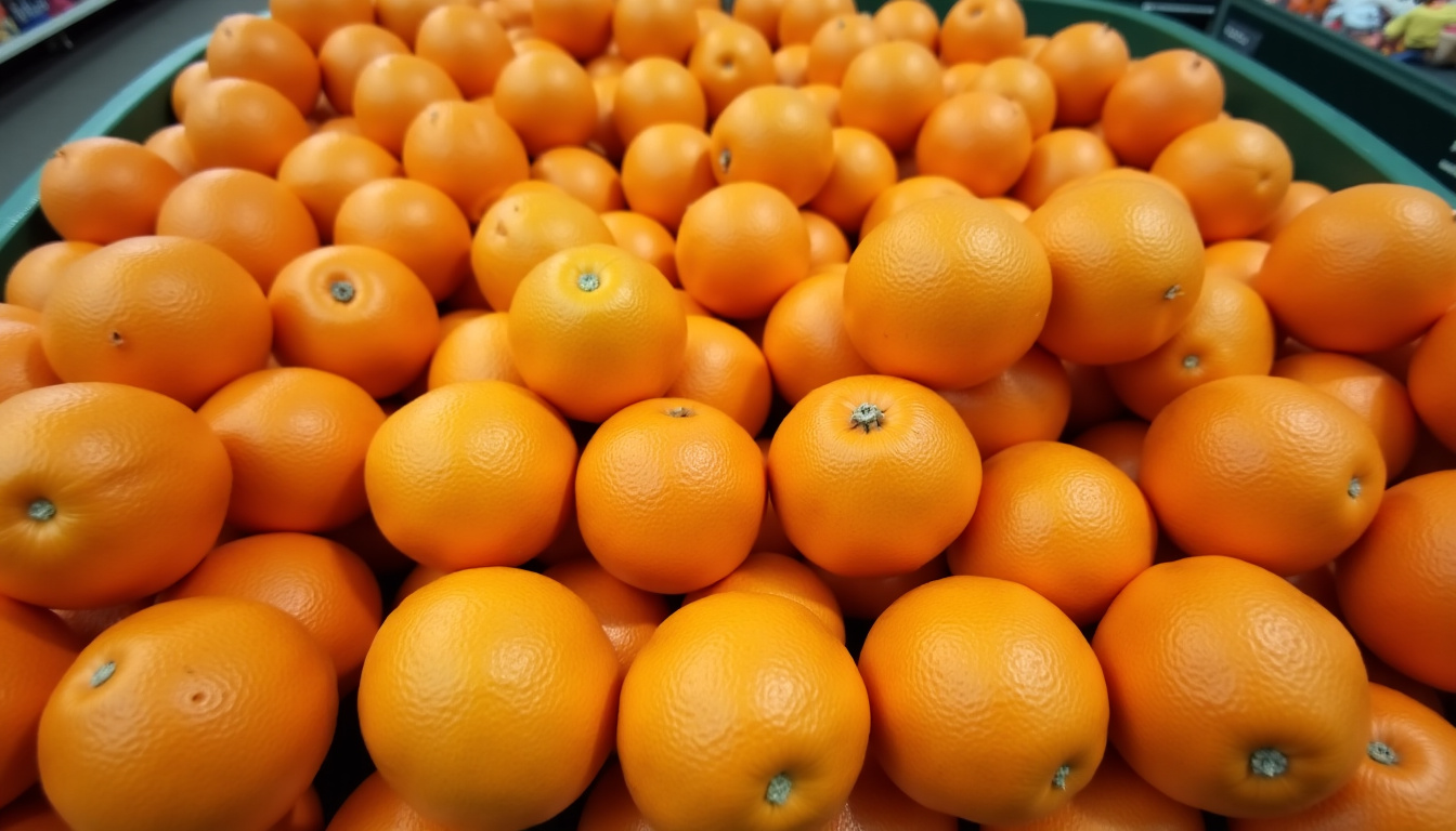 Oranges bio disposées en rayon dans un magasin spécialisé