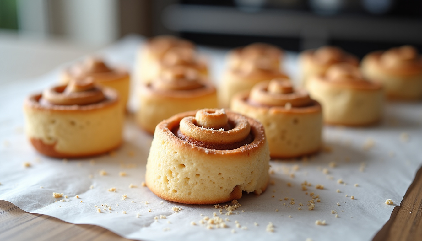Pâte à cinnamon rolls en train d’être étalée sur un plan de travail, farine et cannelle visibles