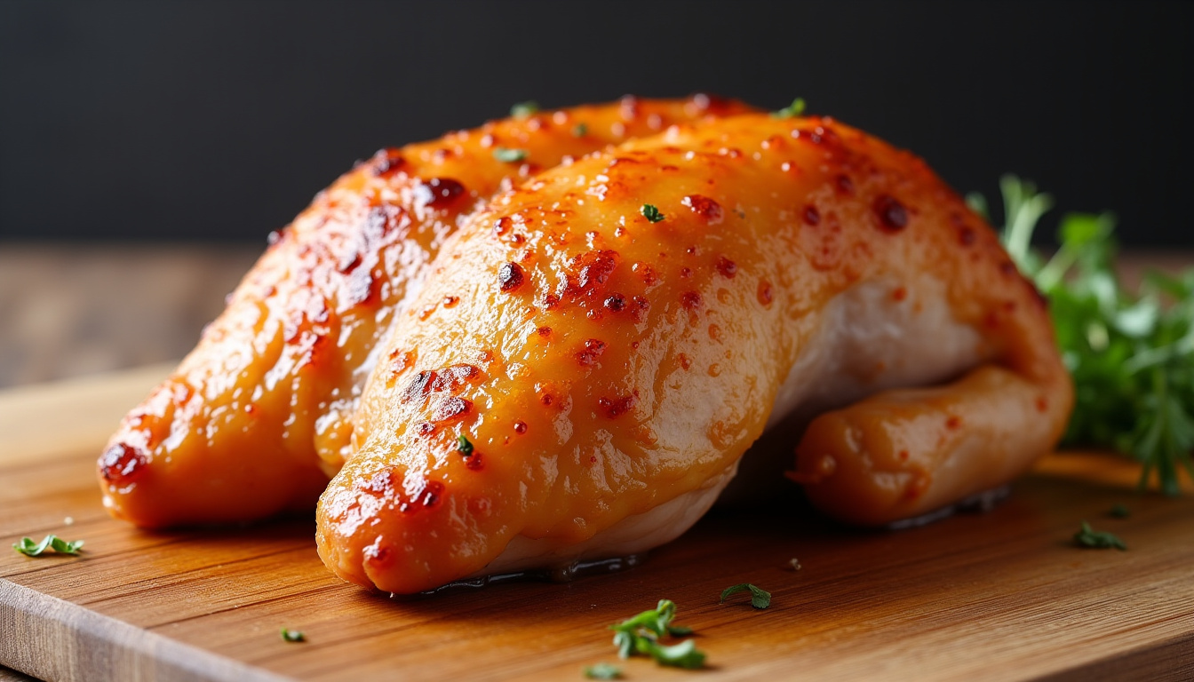 Pilon de poulet cuit au four avec une peau dorée et très croustillante