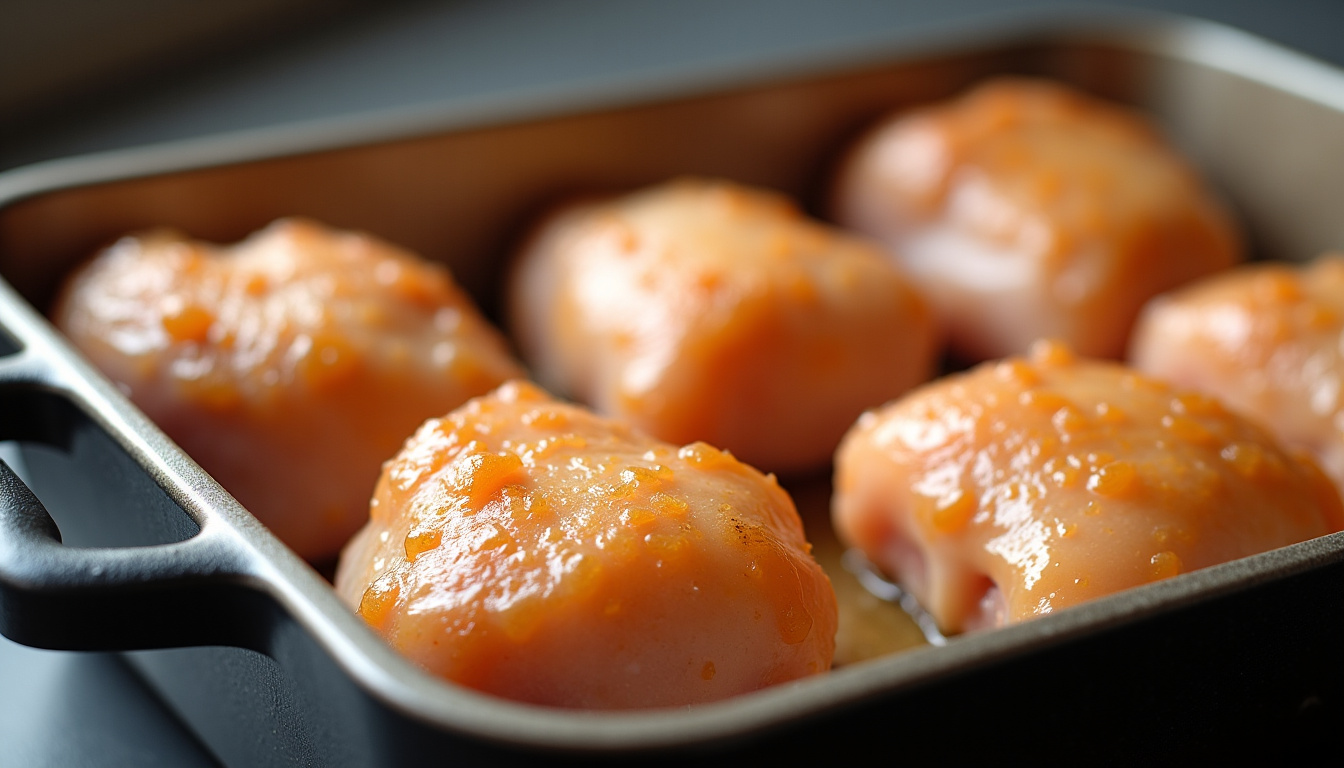 Pilons de poulet placés dans un four préchauffé à 200°C