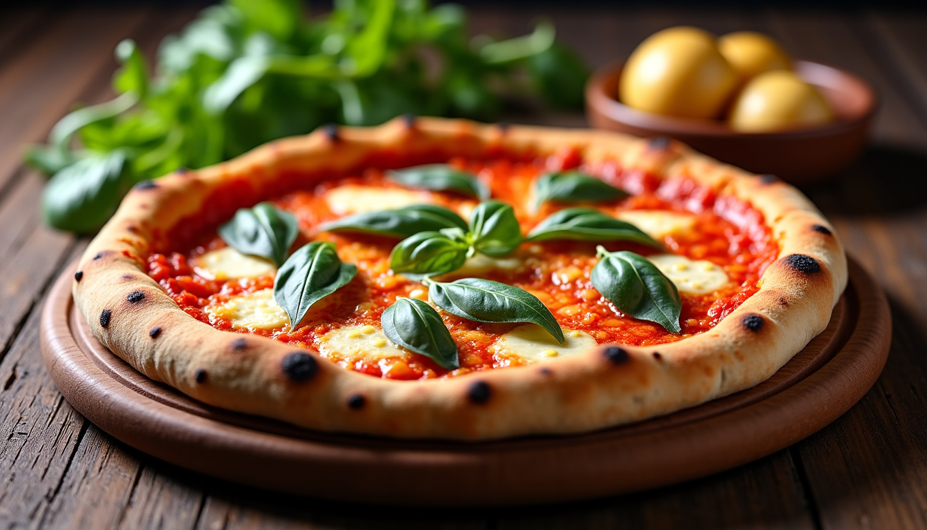 Pizza napolitaine cuite au feu de bois, présentée sur une assiette en céramique, avec des ingrédients frais visibles