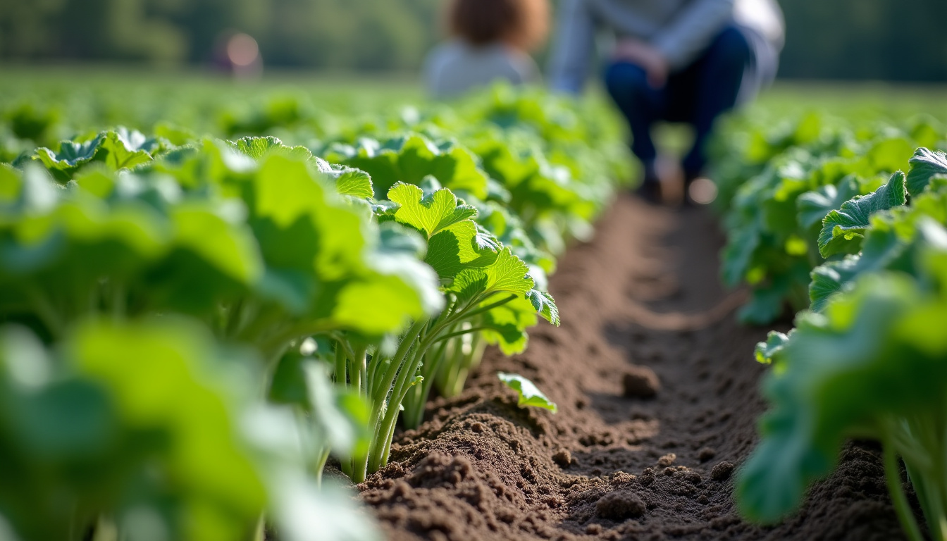 Plants de chou romanesco en pleine terre, avec un jardinier vérifiant la croissance des têtes