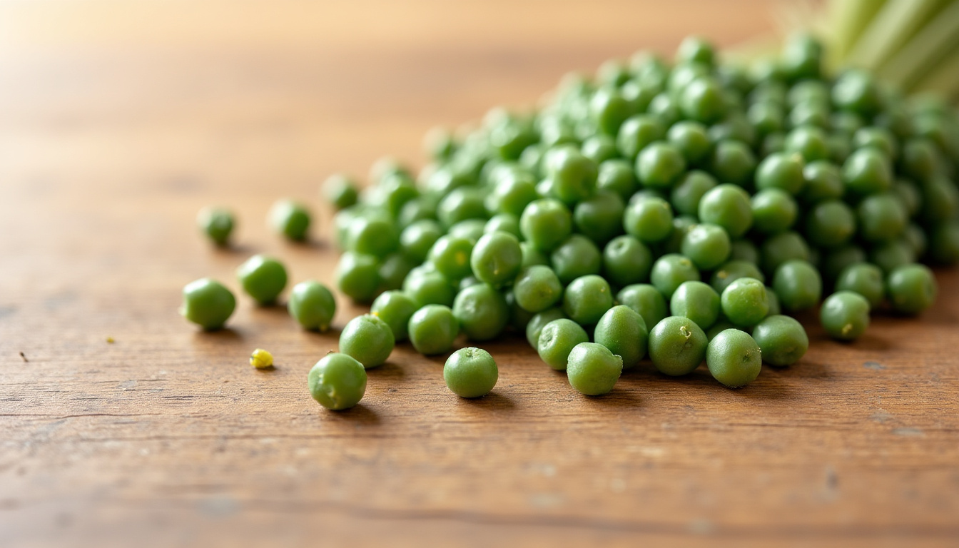 Pois cassés verts crus en graines séchées sur une surface en bois naturel