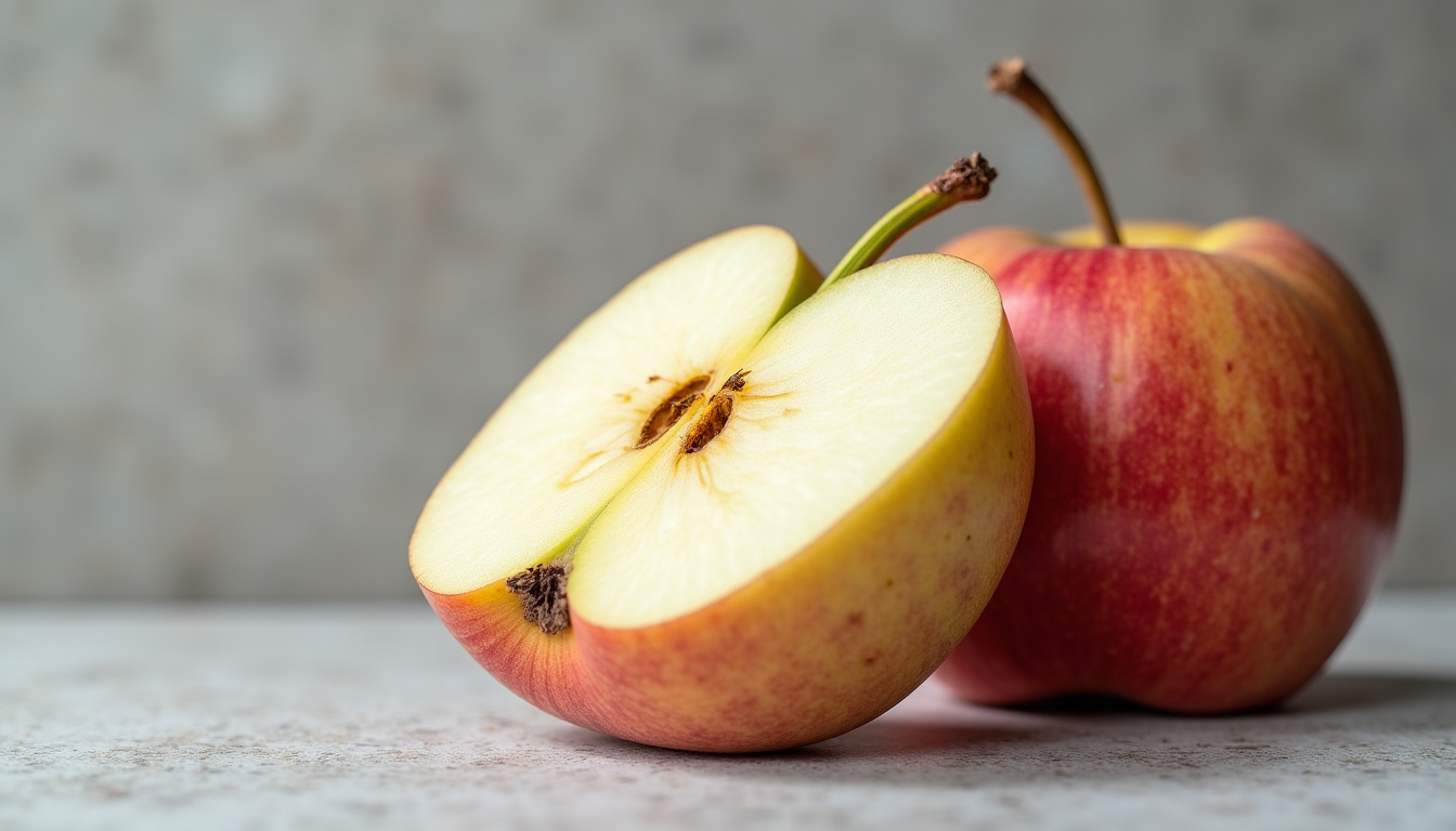 Pomme Reinette du Canada avec peau grise et rugueuse, vue de près