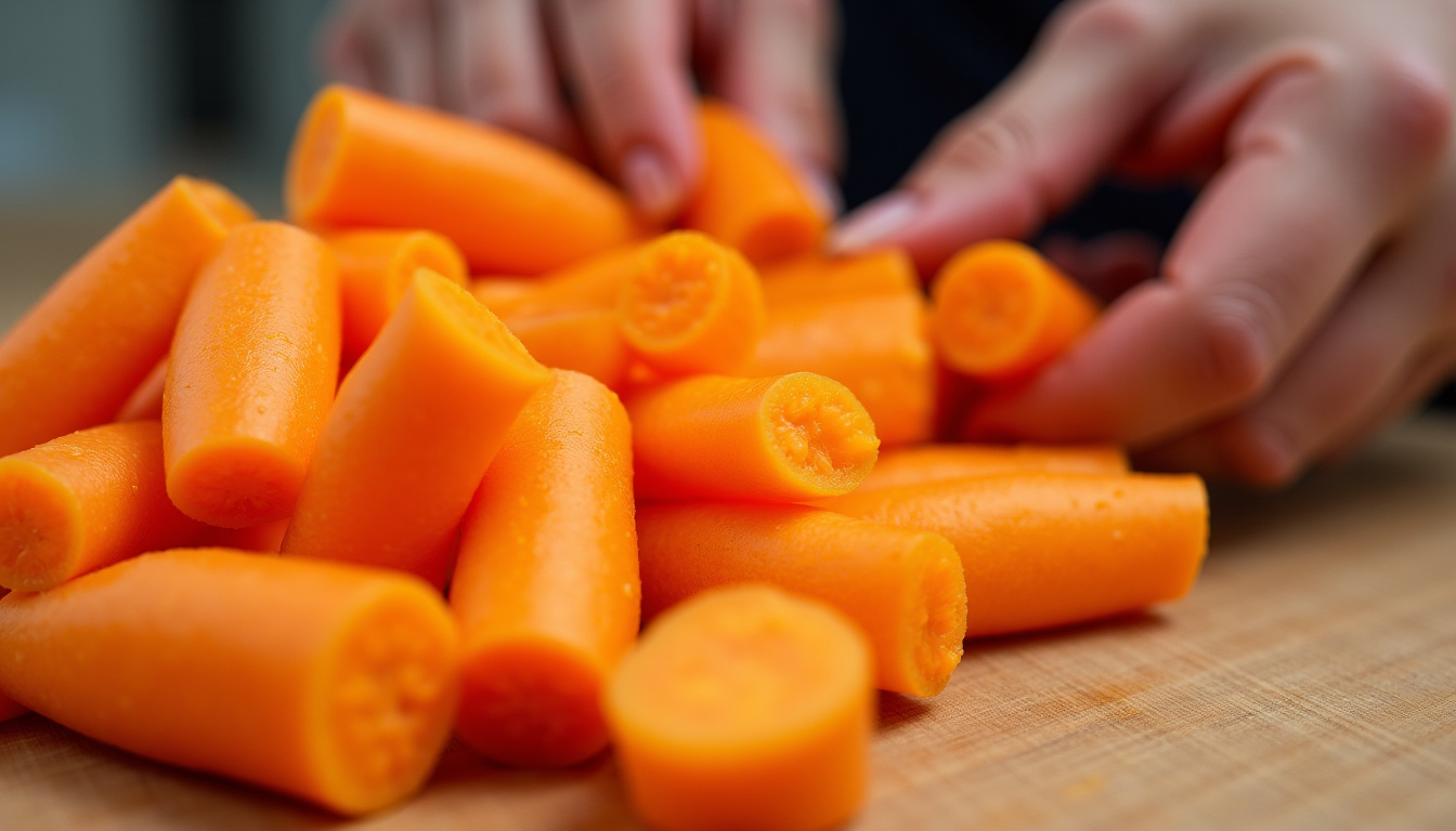 Préparation des carottes pour un couscous marocain, coupées en bâtonnets épais
