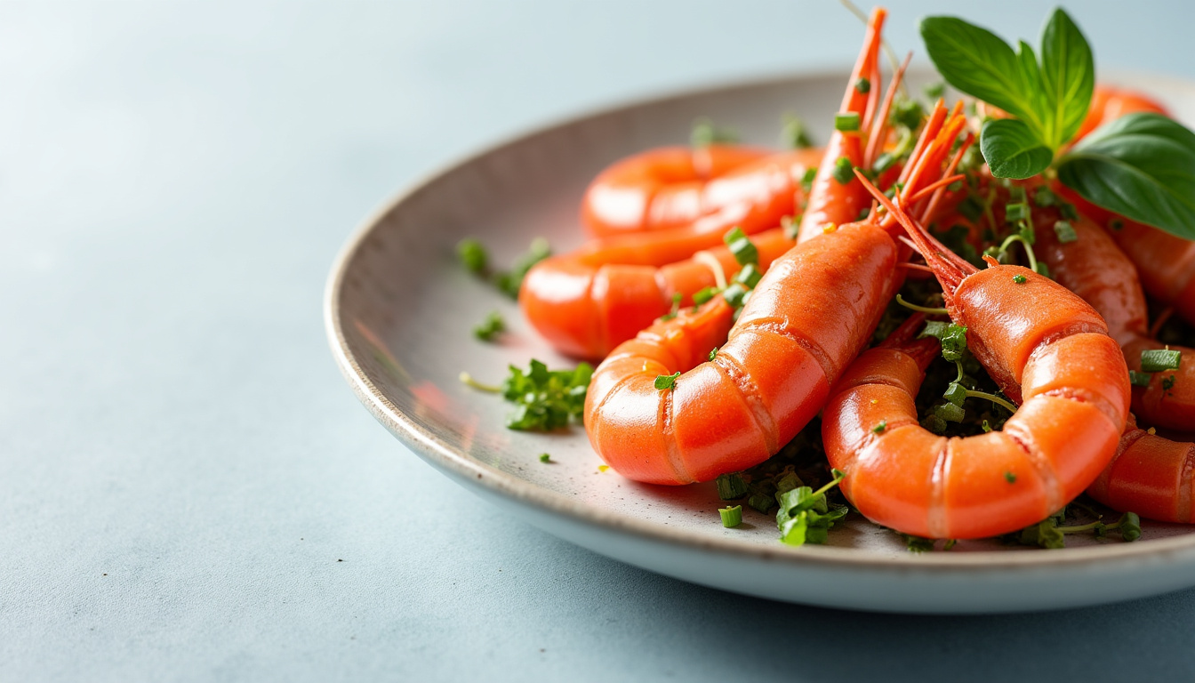 Salade composée avec des dés de mangue Kent, des crevettes et des herbes fraîches