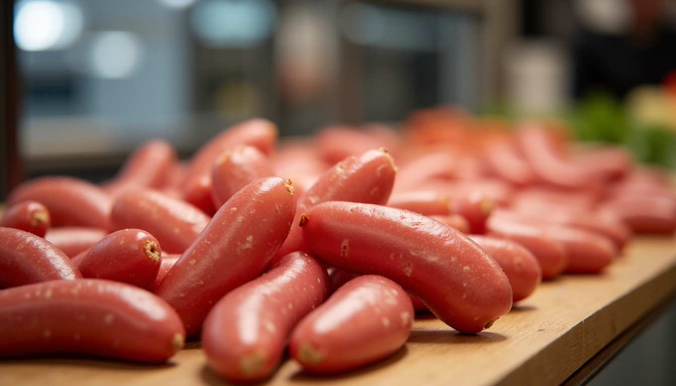Andouillettes exposées dans une charcuterie aux Halles de Lyon Paul Bocuse, entourées d