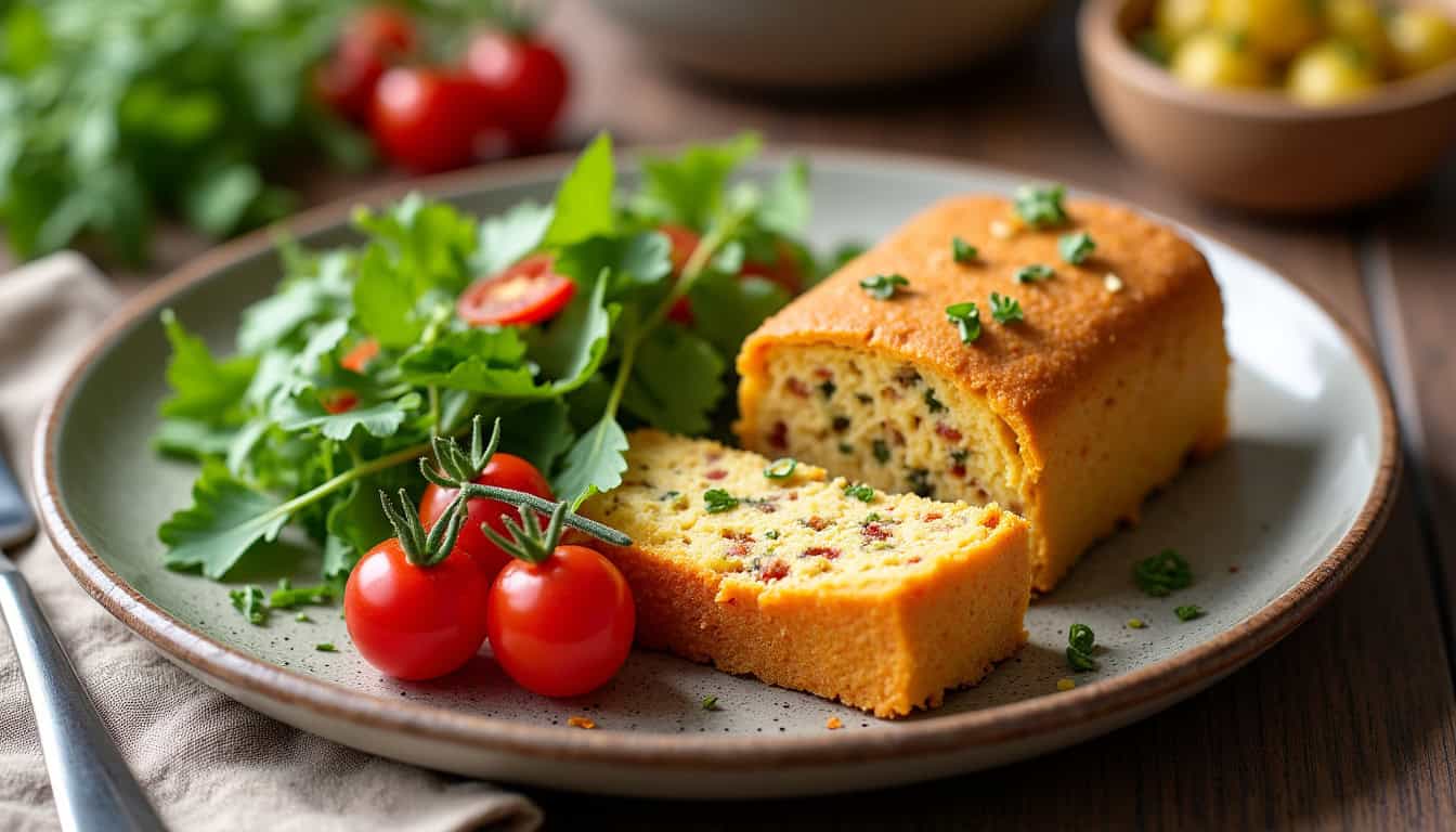 Assiette composée de différentes familles de plats froids: salade, terrine, wrap et cake salé