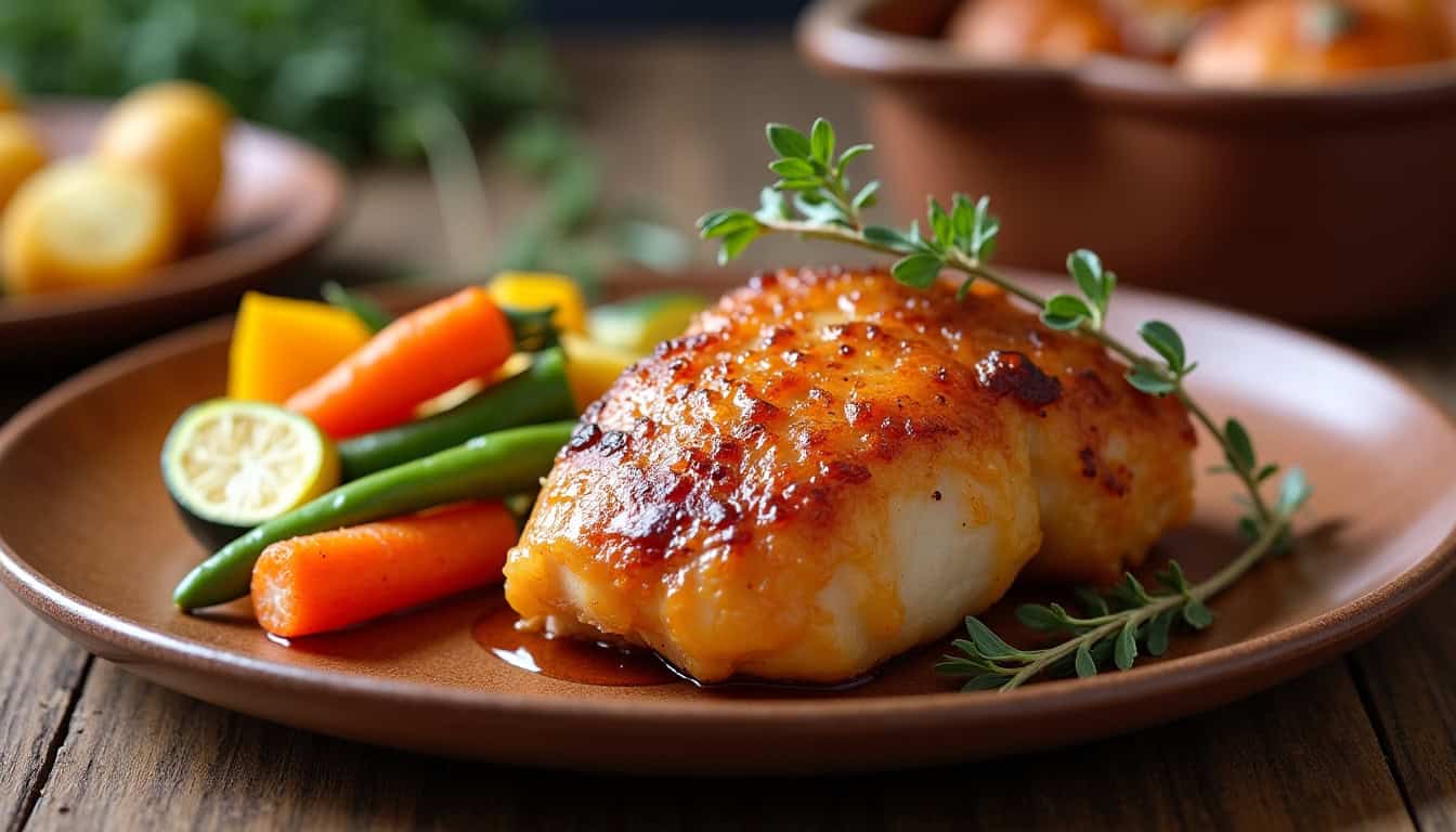 Assiette de cuisse de pintade en cocotte accompagnée de pommes de terre rôties et de légumes de saison