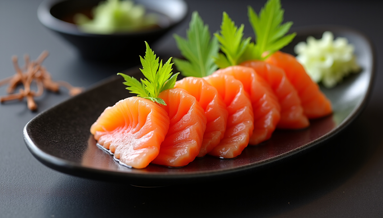 Assiette de sashimi frais présentée dans un restaurant asiatique, tranches de poisson cru disposées artistiquement sur un plat noir, accompagnées de wasabi et de gingembre mariné