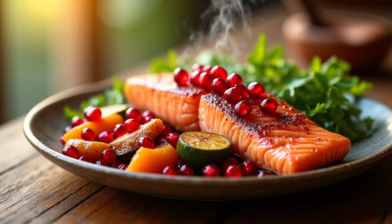 Assiette de saumon grillé accompagnée de légumes de saison rôtis et de grains de grenade