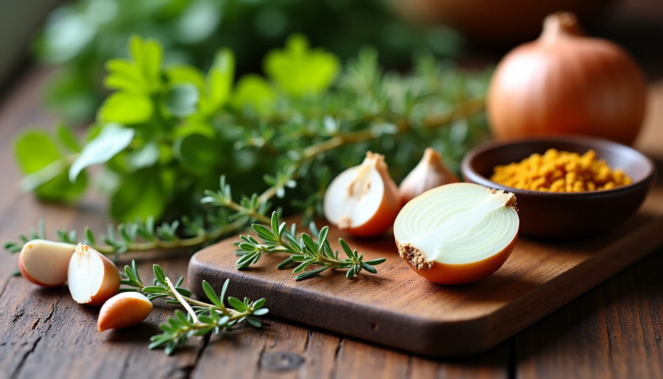 Assortiment d’aromates frais et d’épices utilisés pour parfumer une soupe maison: oignon, ail, thym, laurier, cumin