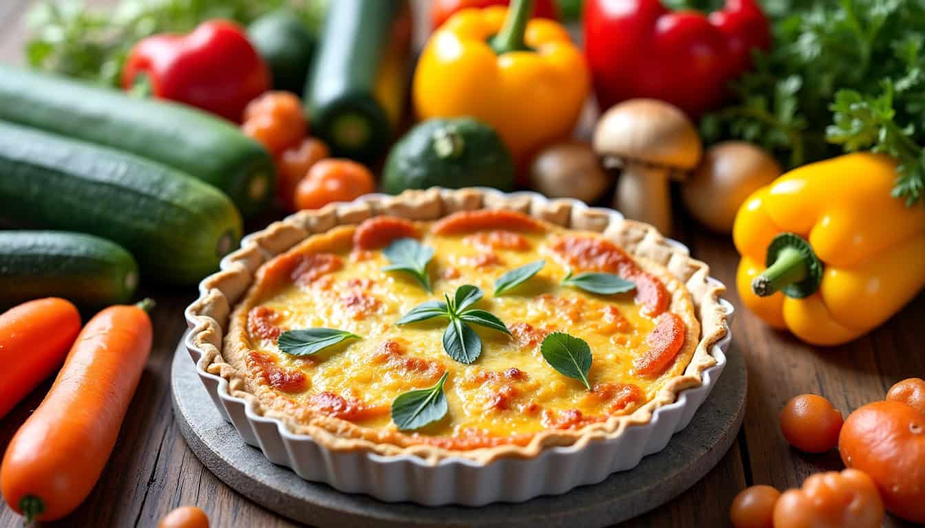 Assortiment de légumes frais de saison pour une quiche sans pâte: courgettes, poivrons, poireaux, carottes et champignons