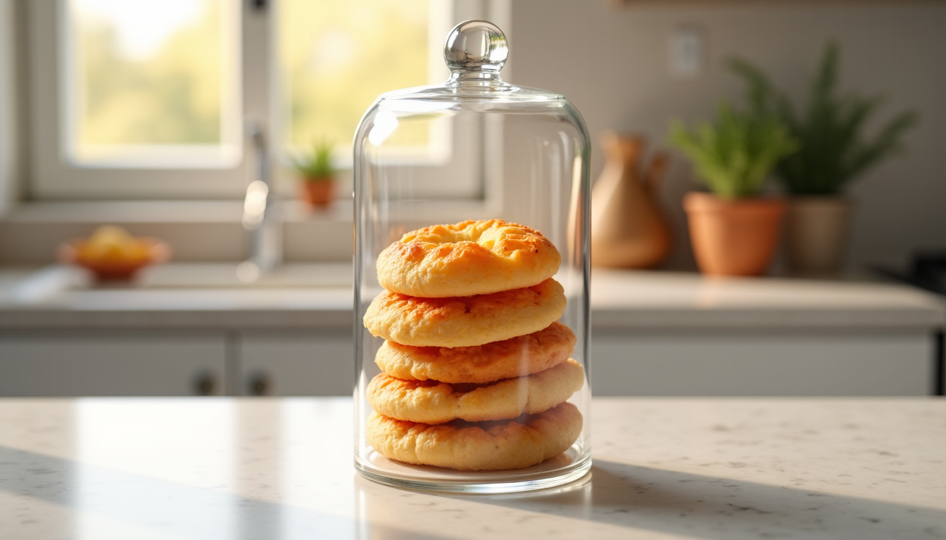 Bugnes croustillantes disposées dans une boîte hermétique en verre sur plan de travail