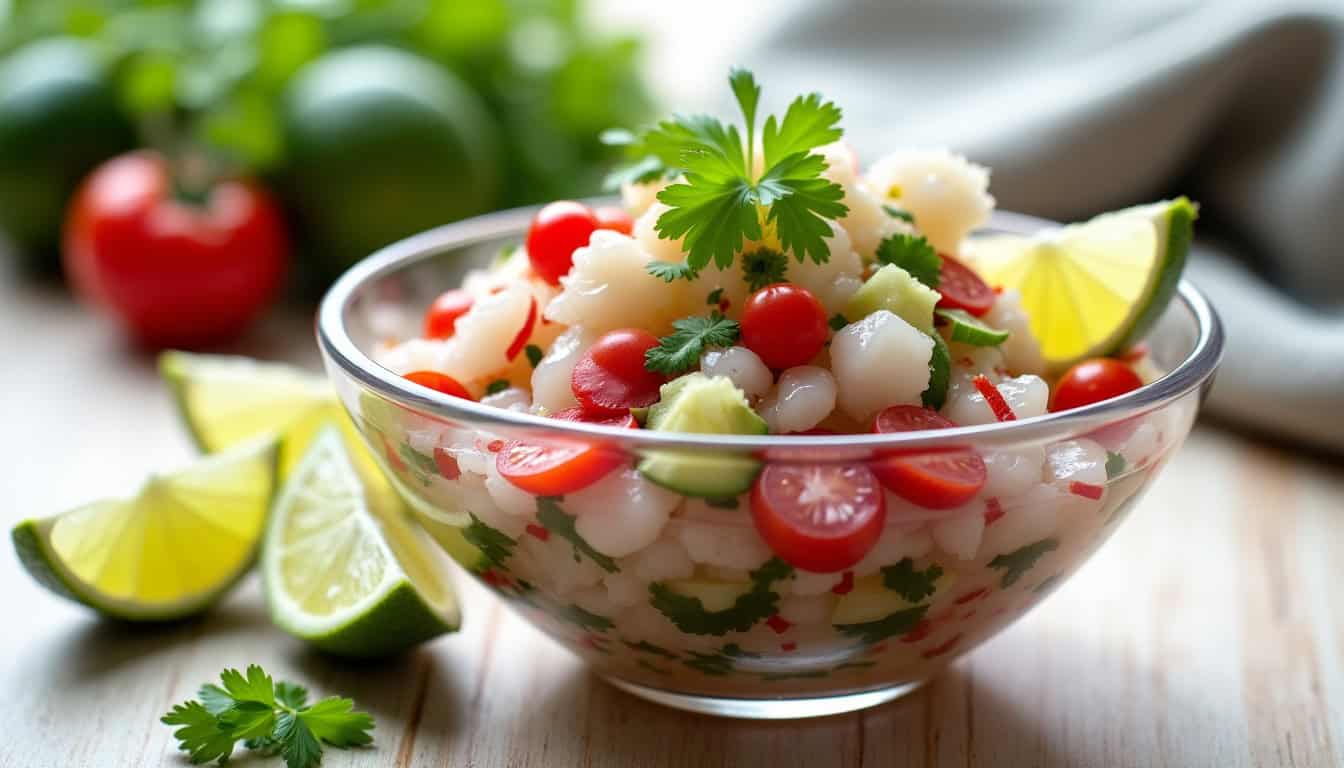 Ceviche de poisson accompagné de légumes frais tranchés finement et de quartiers de citron vert