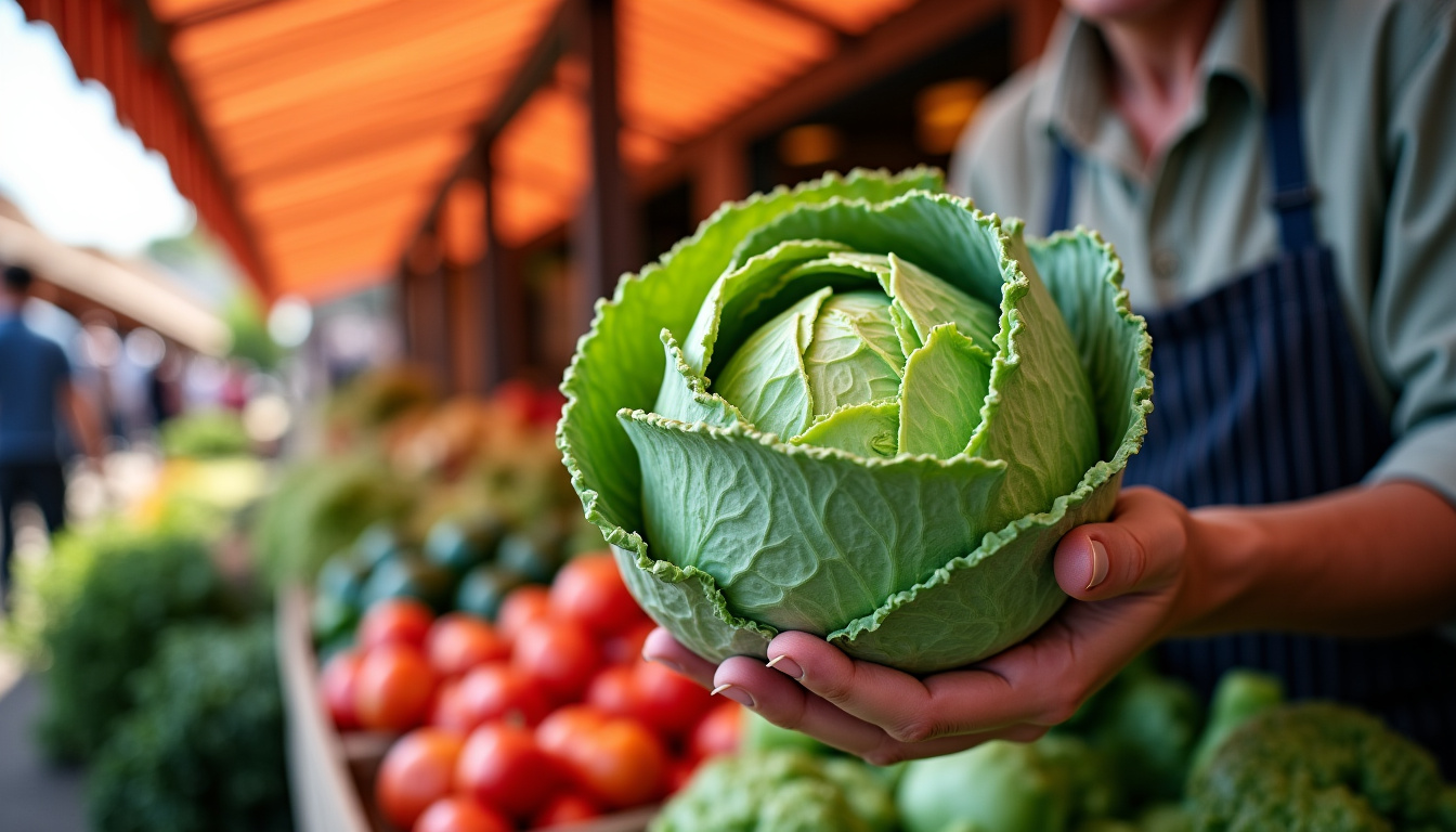 Chou romanesco sur un étal de marché avec un primeur en train de le présenter
