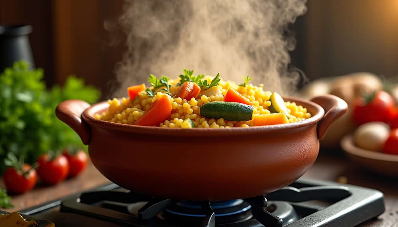 Cuisson des légumes pour couscous dans une marmite traditionnelle