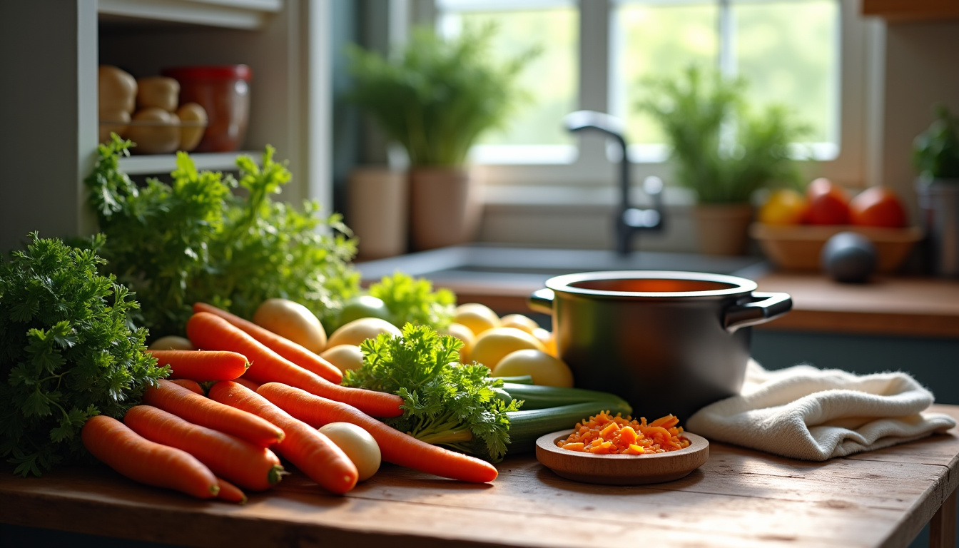 Divers légumes récupérés du réfrigérateur pour faire une soupe maison, illustrant la lutte contre le gaspillage alimentaire