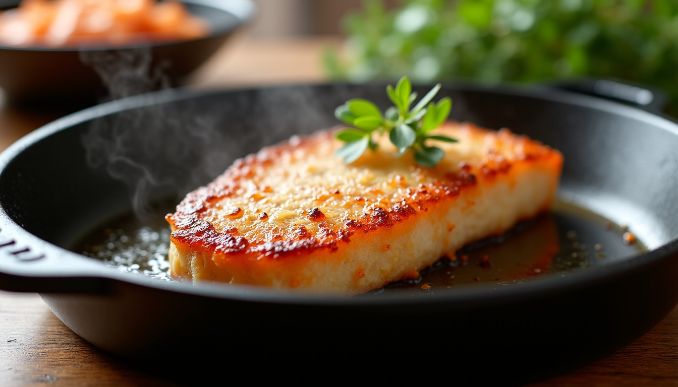 Escalope de veau en train de cuire dans une poêle bien chaude, avec une belle coloration dorée