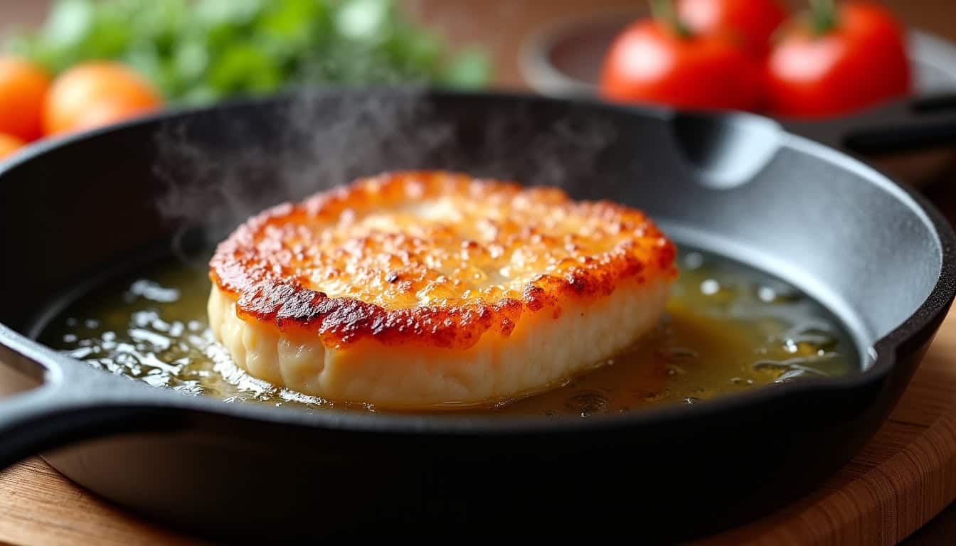 Escalope de veau en train de cuire dans une poêle en fonte