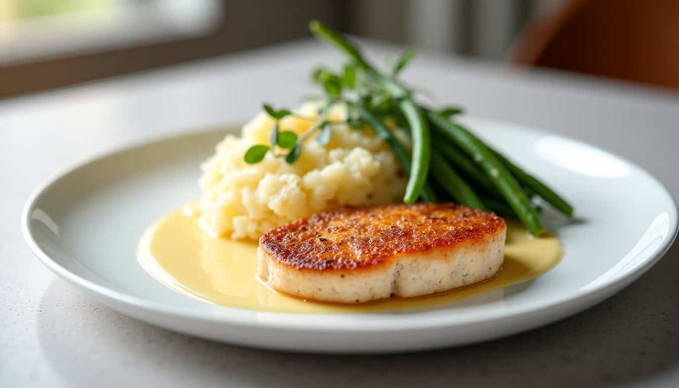 Escalope de veau présentée avec accompagnements et sauce sur assiette blanche
