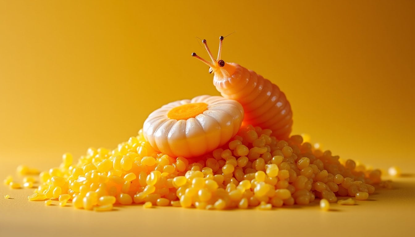 Escargot-pomme en train de ramper dans un champ de riz inondé, illustrant sa menace pour les cultures