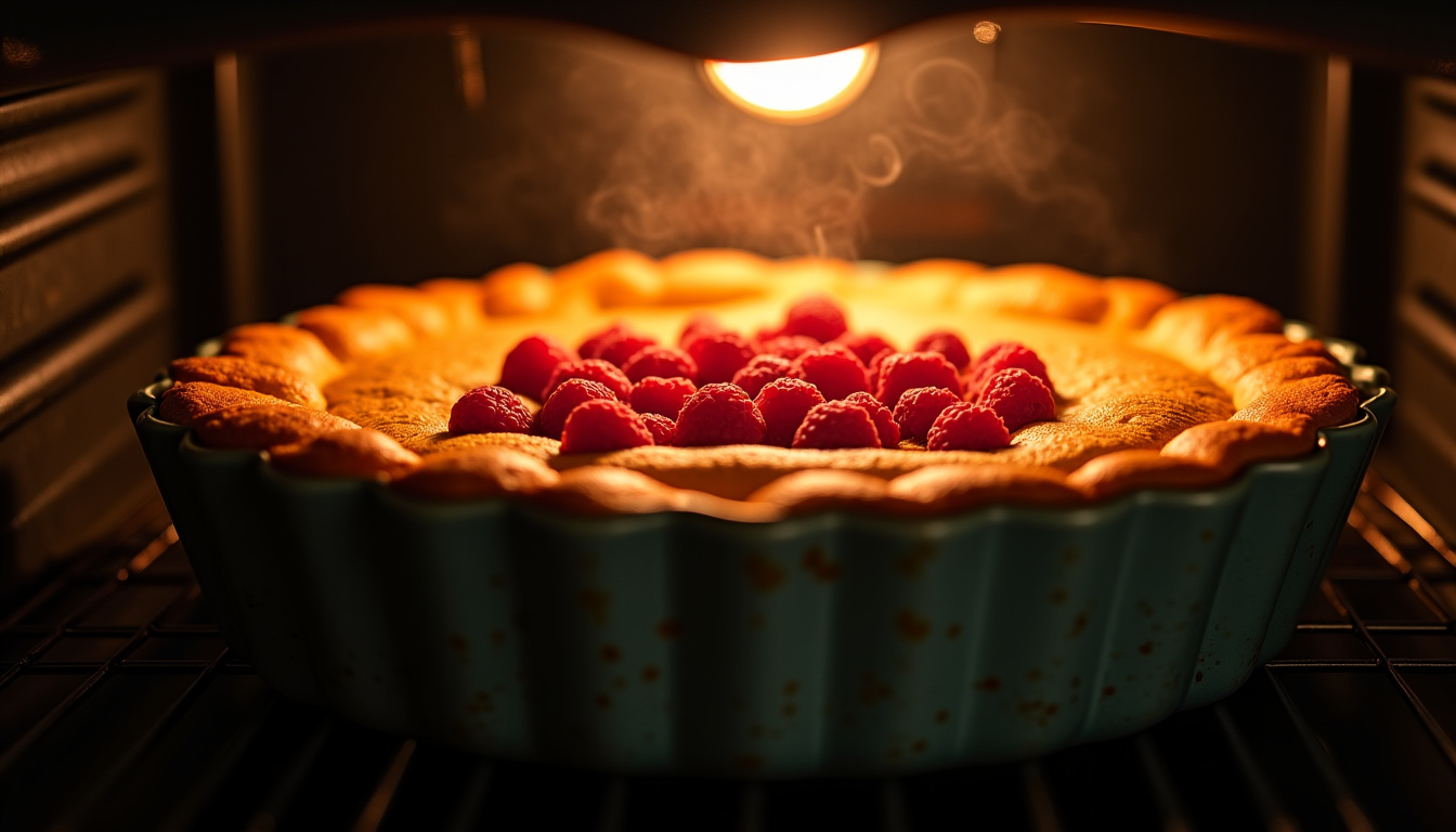 Gâteau aux framboises en train de cuire dans un four, avec une belle coloration dorée sur le dessus