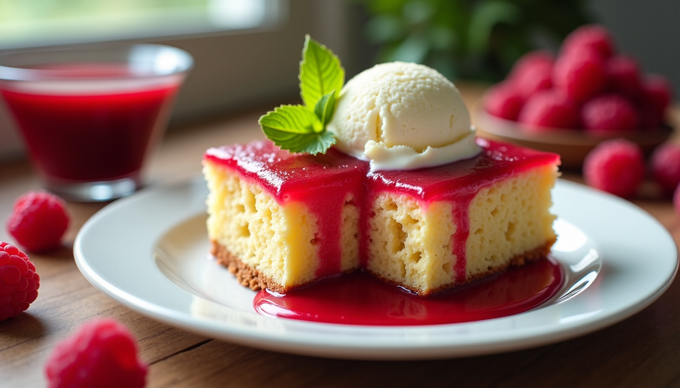 Gâteau aux framboises terminé, coupé en parts, présenté sur une assiette avec une boule de glace vanille et un coulis de framboises