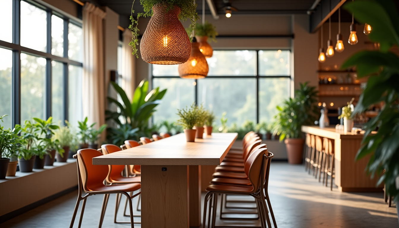 Intérieur de restaurant contemporain avec une longue table centrale entourée de chaises modernes, plantes suspendues et éclairage design
