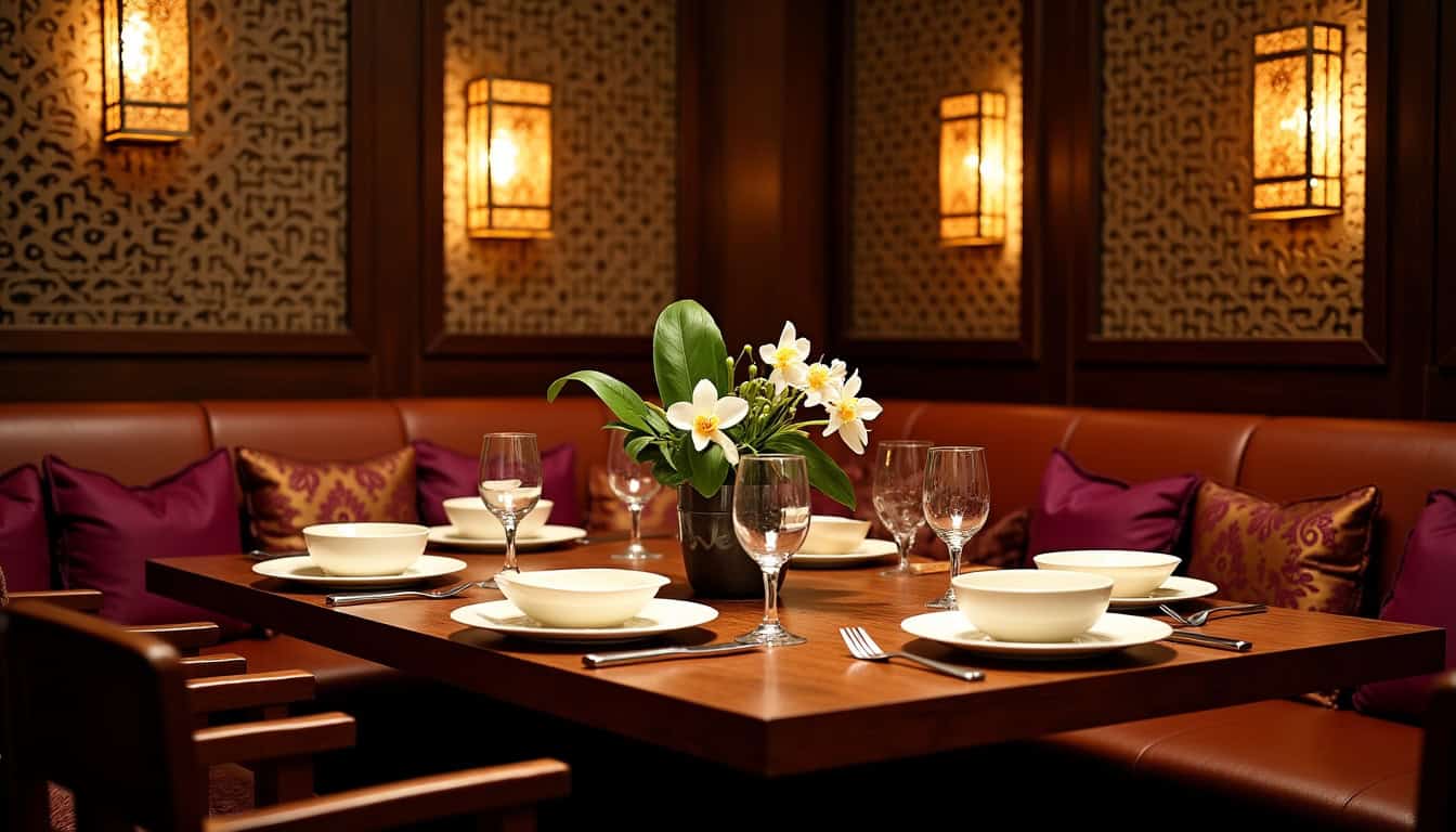 Intérieur du restaurant Chanee Thaï: décoration traditionnelle thaïlandaise, lumières douces, tables bien dressées