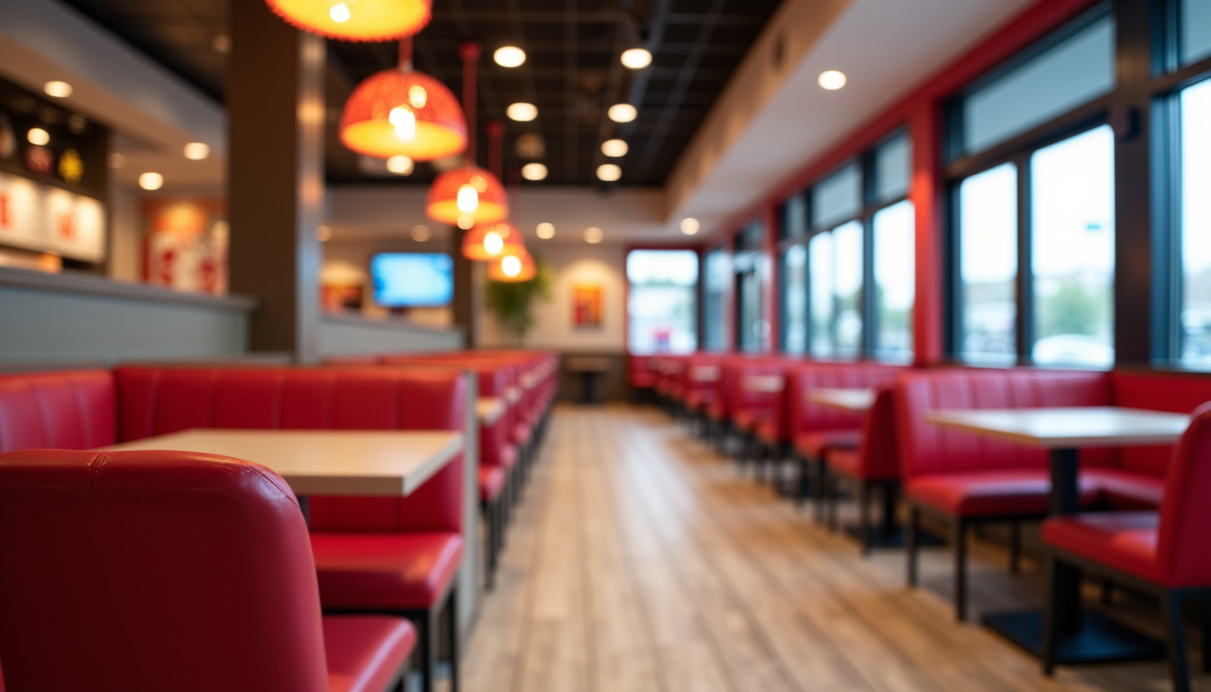 Intérieur du restaurant KFC Amilly, montrant les tables, les chaises et une ambiance lumineuse adaptée aux familles