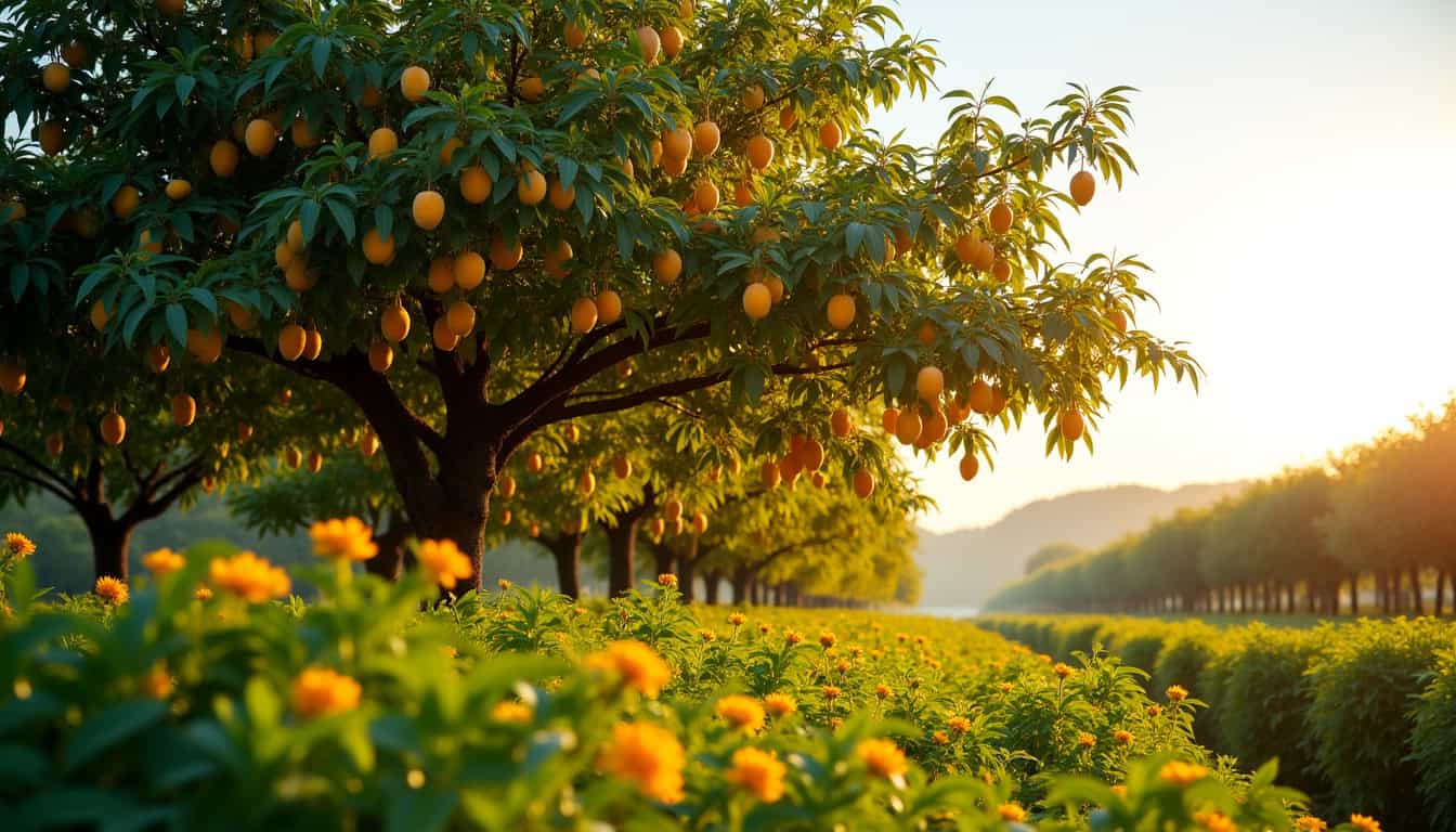 Manguier Kent en pleine floraison dans une plantation en Floride
