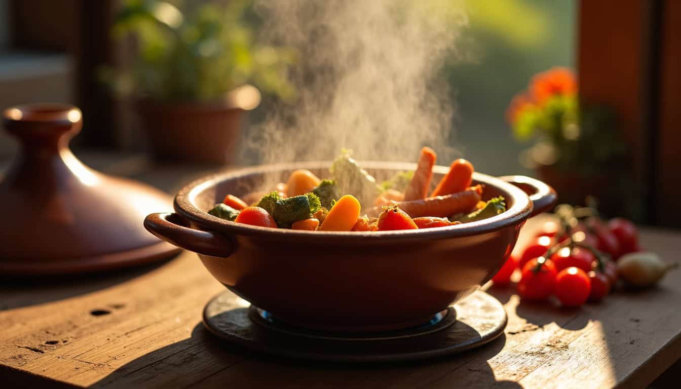 Marmite traditionnelle avec légumes en cours de cuisson pour couscous