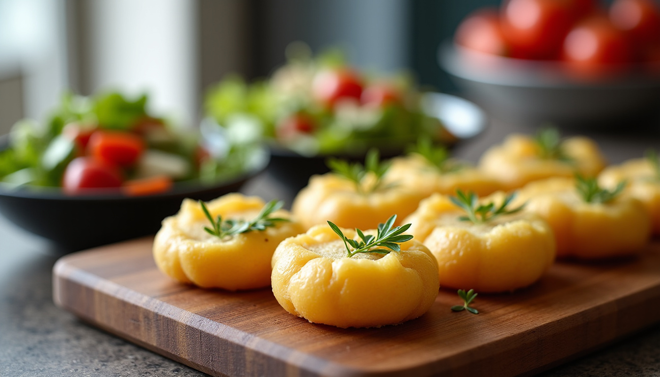 Patates douces farcies présentées sur une table, garnies de chèvre frais, herbes et salade