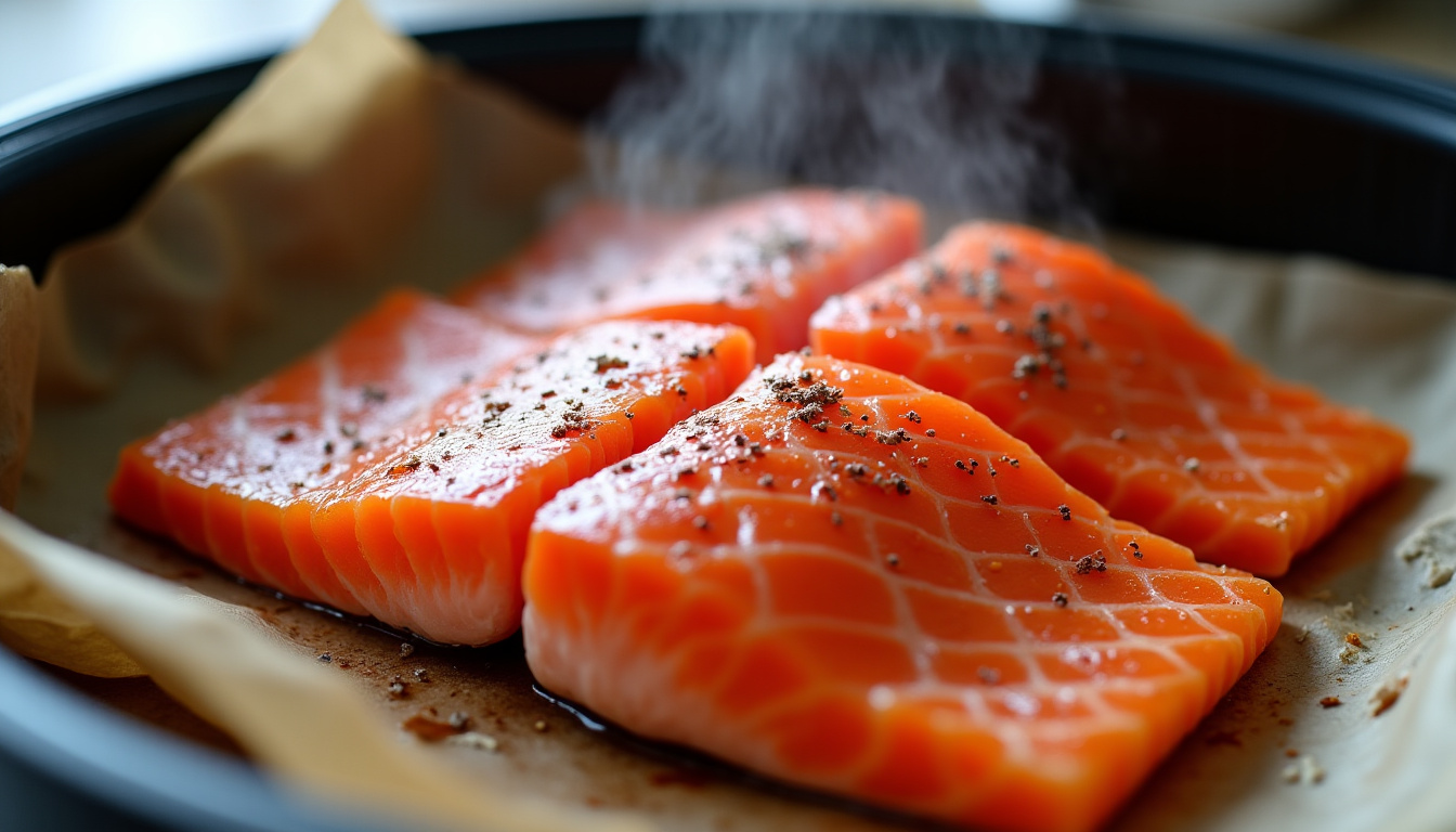 Pavés de saumon marinés posés sur du papier sulfurisé dans le panier de l