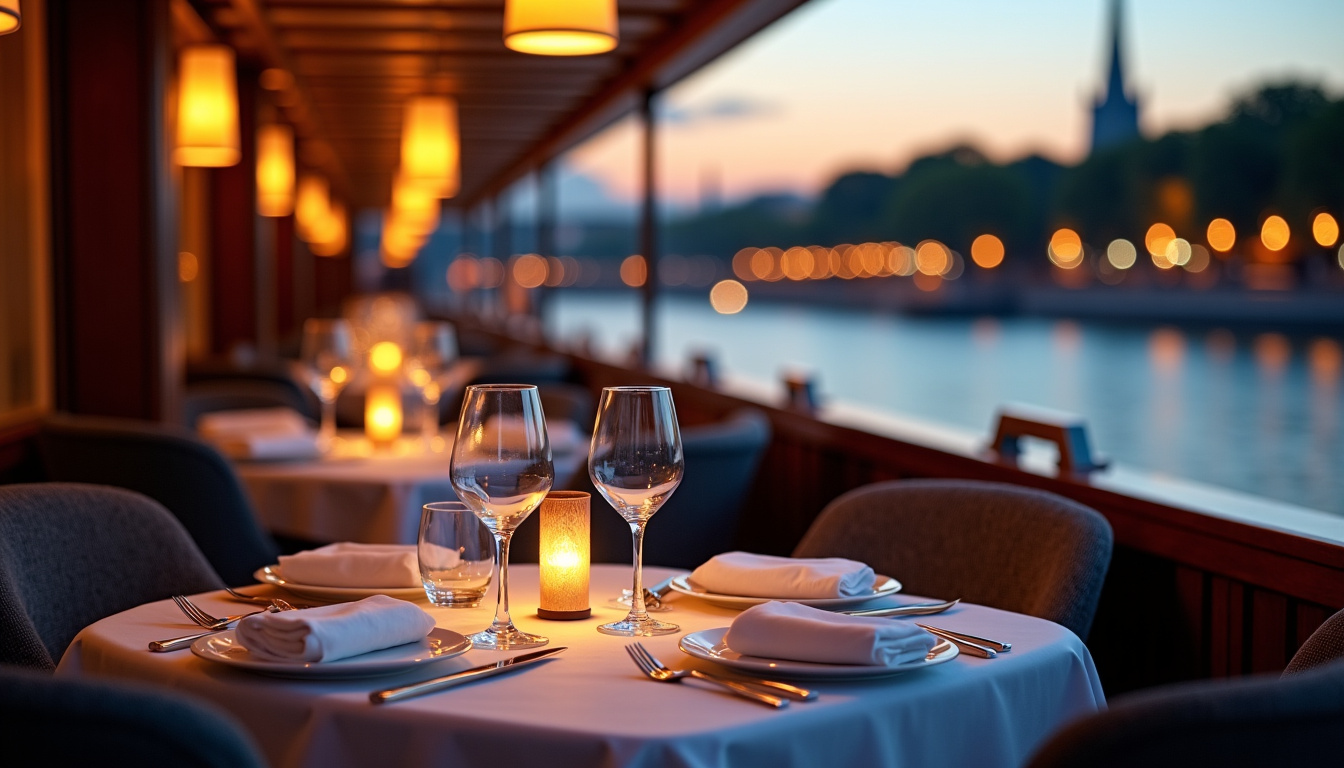 Péniche Alpaga V amarrée au Port Van Gogh à Asnières-sur-Seine, avec vue sur la Seine et éclairage doux à l