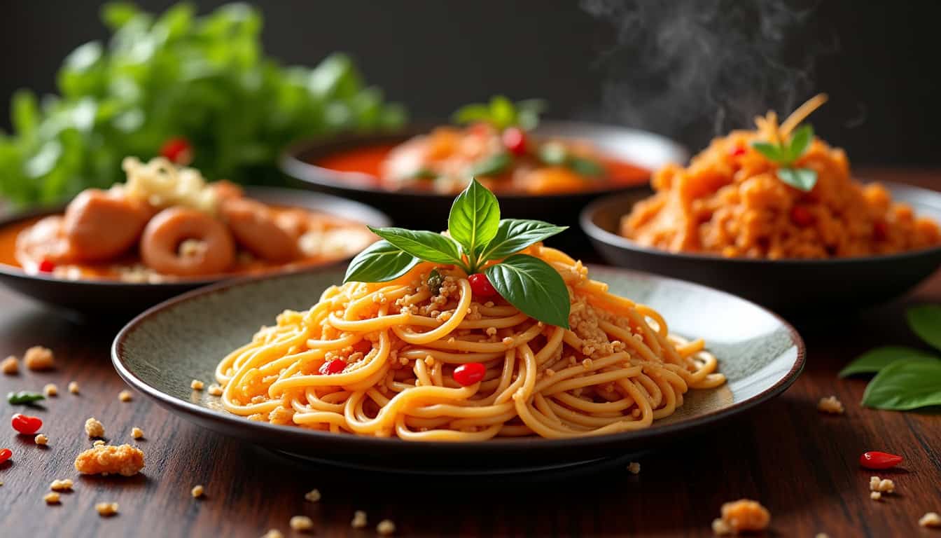 Plats emblématiques du restaurant Chanee Thaï: Pad Thaï, Tom Yum, Curry Massaman et Crispy Chicken présentés sur table